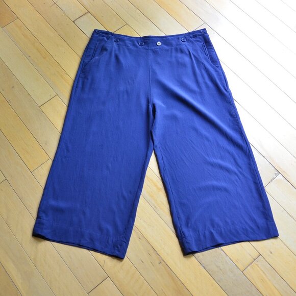 Joie Genesa 100% Silk Wide Leg Button Top Cutoff Capri Comfy Pants Blue Size 10 - Picture 1 of 8